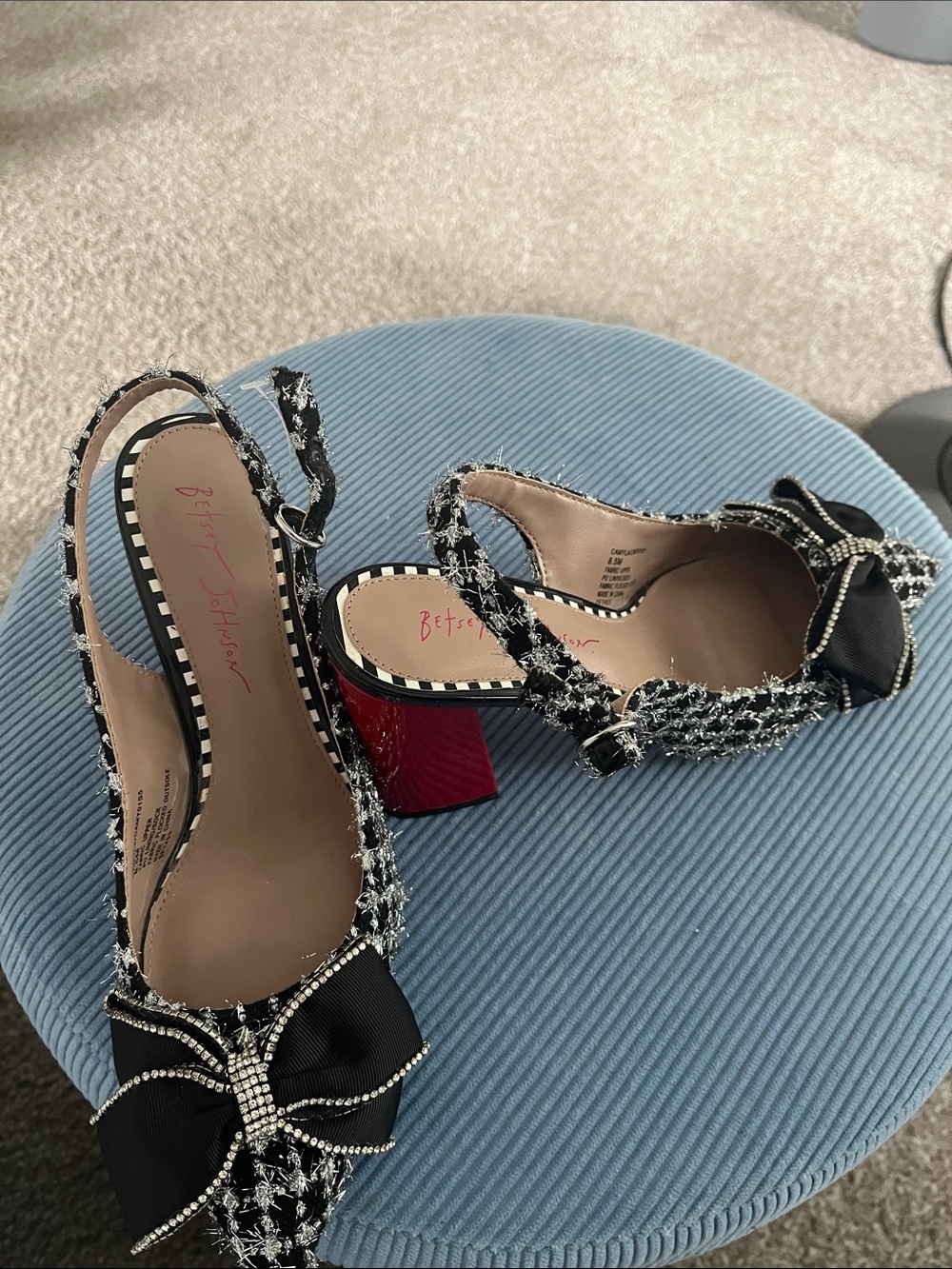 Betsey Johnson Black Tweed Bow Slingback Heels with Red Block Heel